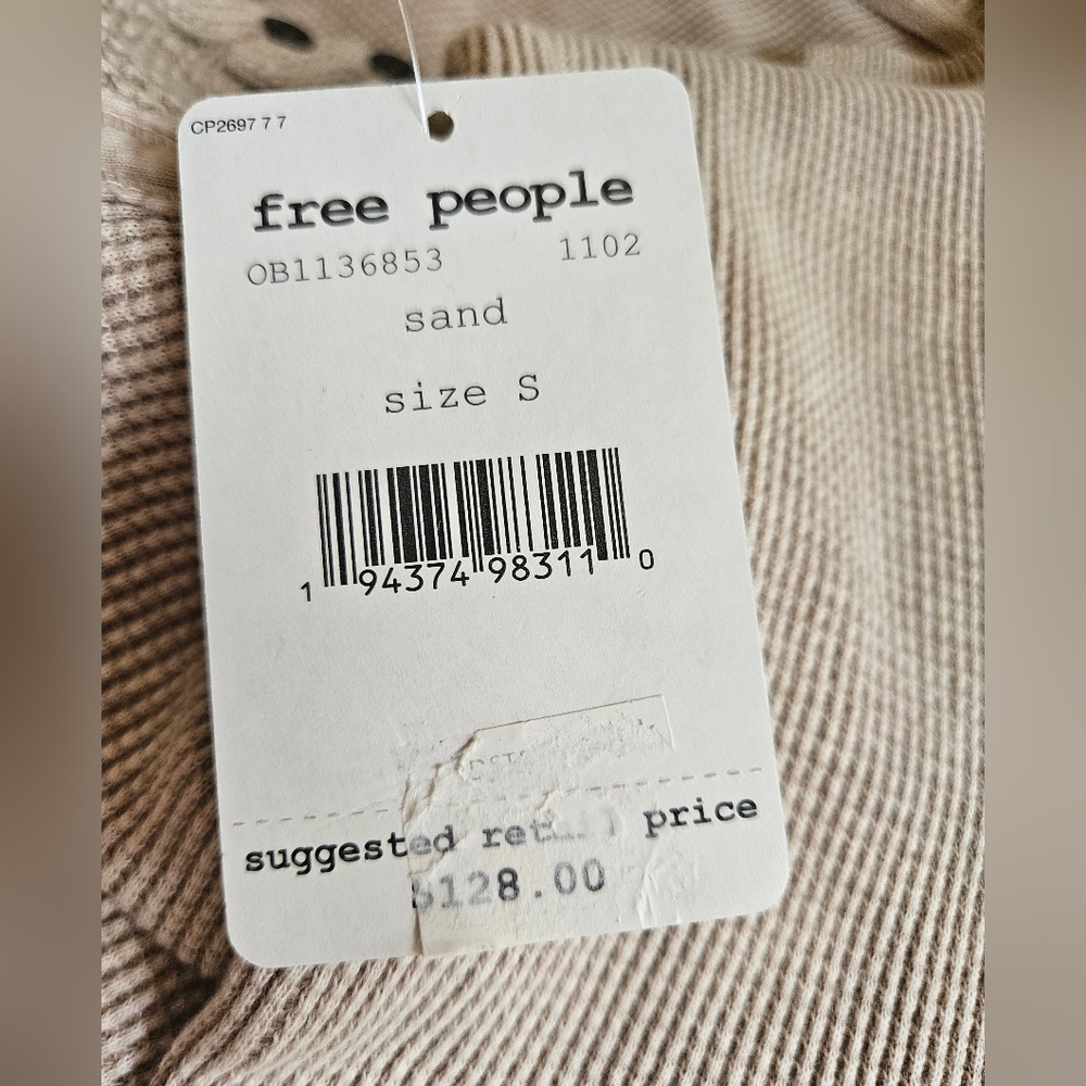 Free People Oakley Thermal Henley Top V Neck LS Mixed Knits Sand Size Small NWT - Picture 3 of 16